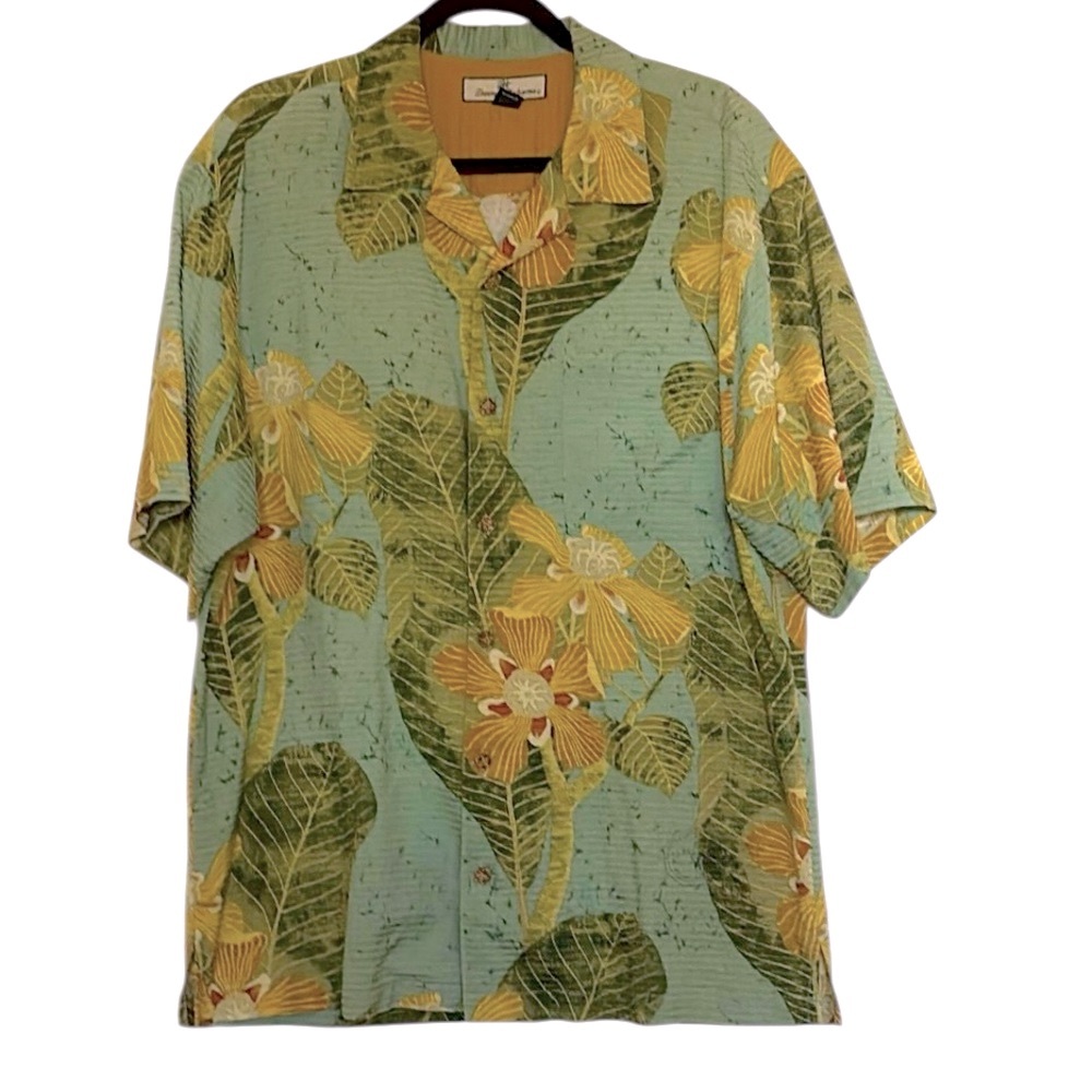 Tommy Bahama Silk/Cotton, Tropical print, green and brown tones, size M